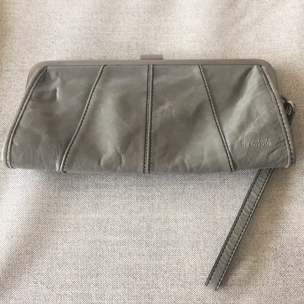 Gray leather clutch wristlet